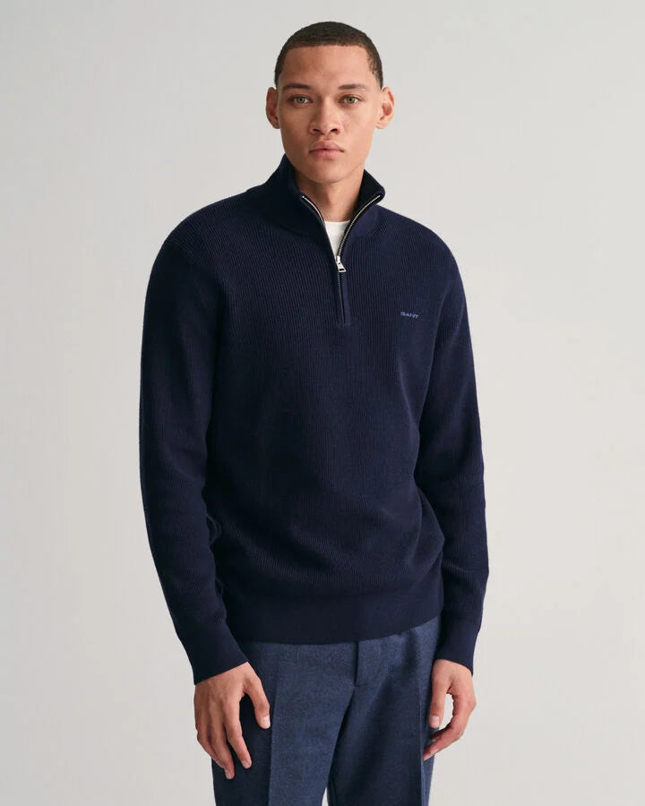 Gant Ribbed wool and cotton half zip sweater Evening Blue Ryle Menswear