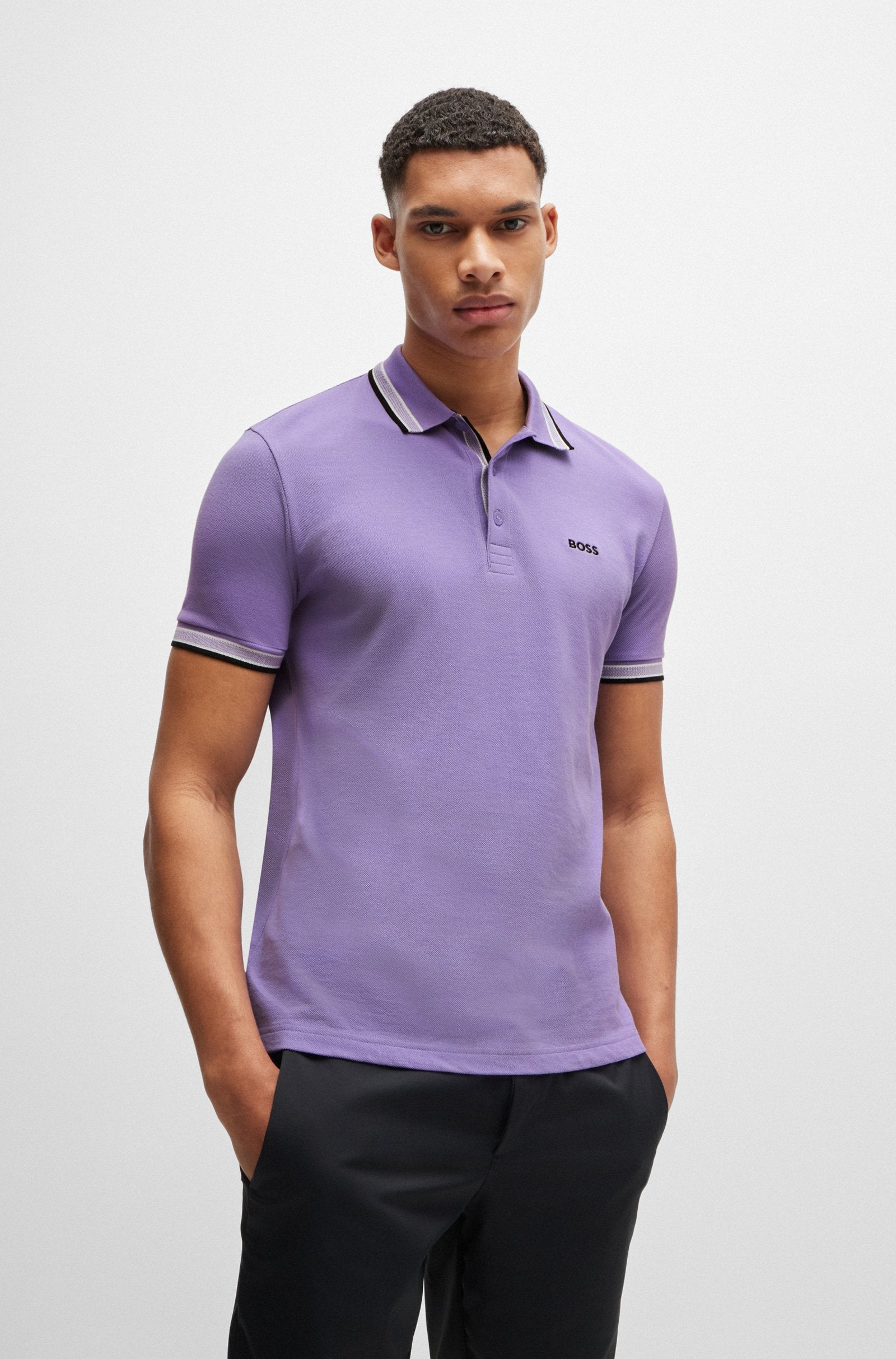 Hugo Boss Cotton pique Paddy Polo Shirt With Contrast Logo Open Purp Ryle Menswear