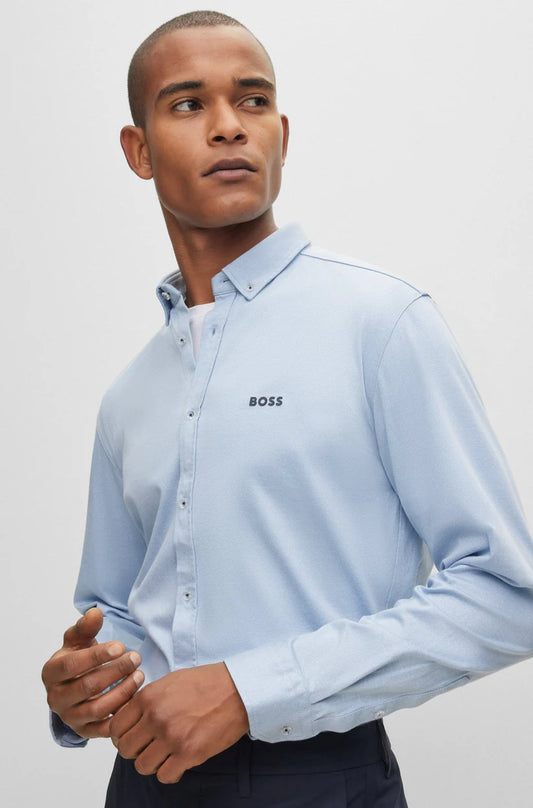 Hugo Boss Button-down regular-fit shirt in cotton jersey - Open Blue