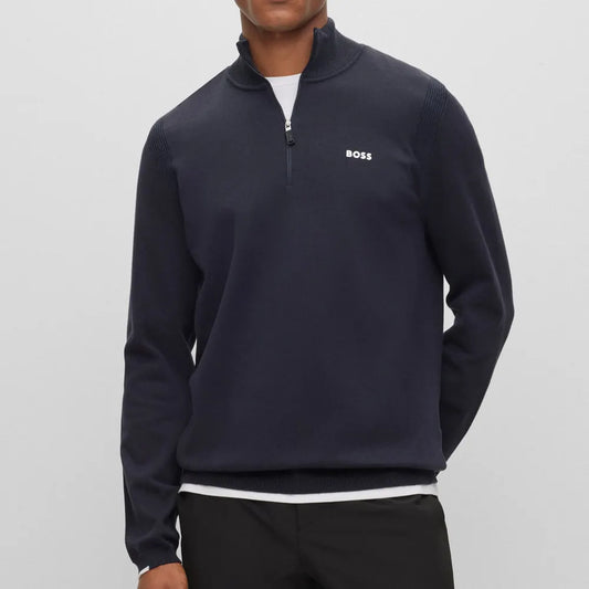 Cotton-blend Zip-neck Sweater With Logo Print - Dark Blue