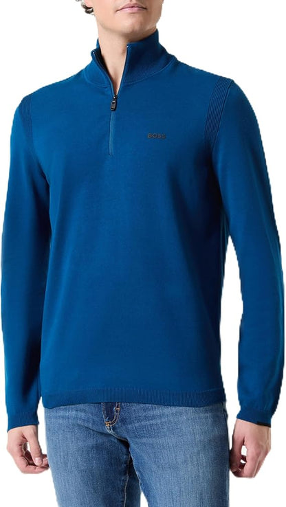 Hugo Boss Cotton-blend Zip-neck Sweater With Logo Print - Open Blue