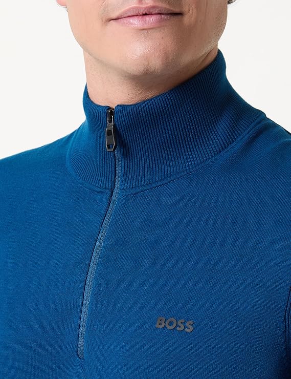 Hugo Boss Cotton-blend Zip-neck Sweater With Logo Print - Open Blue