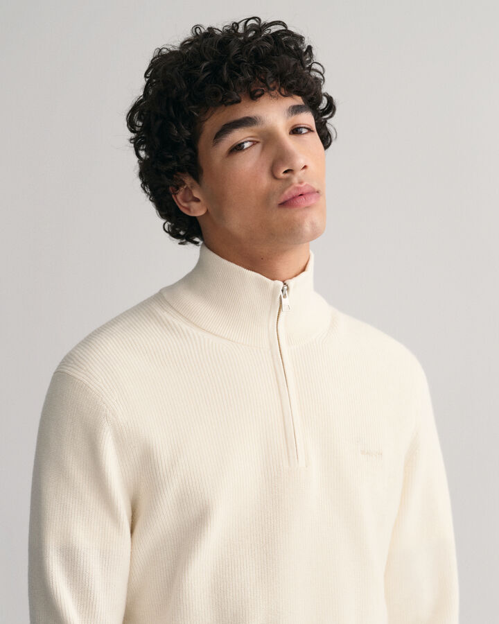 Gant Ribbed wool and cotton half-zip sweater - Cream