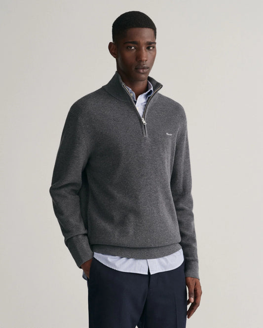 Gant Ribbed wool and cotton half-zip sweater - Anthracite