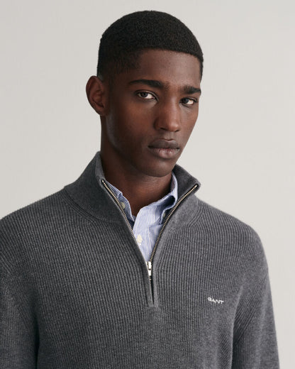 Gant Ribbed wool and cotton half-zip sweater - Anthracite