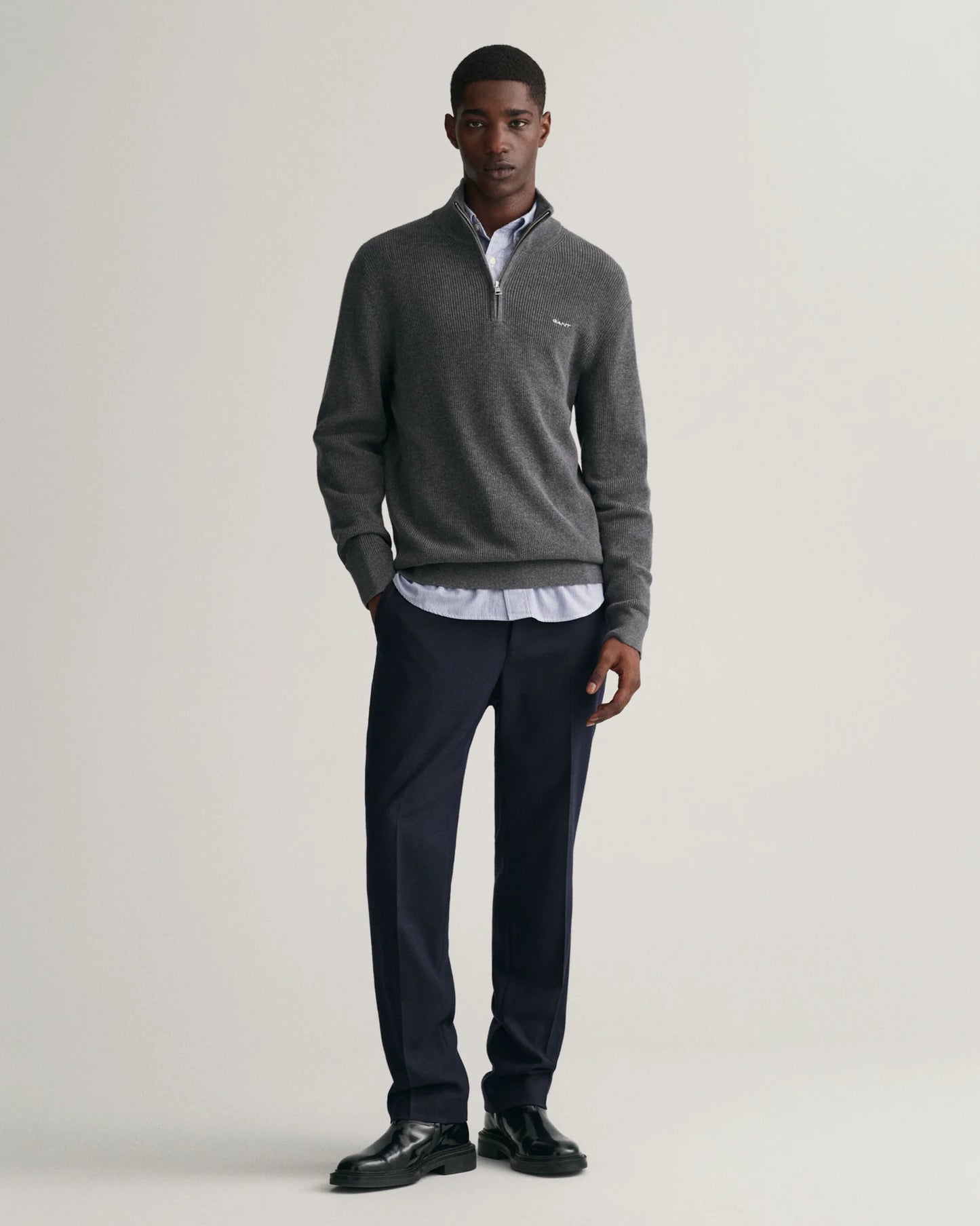 Gant Ribbed wool and cotton half-zip sweater - Anthracite