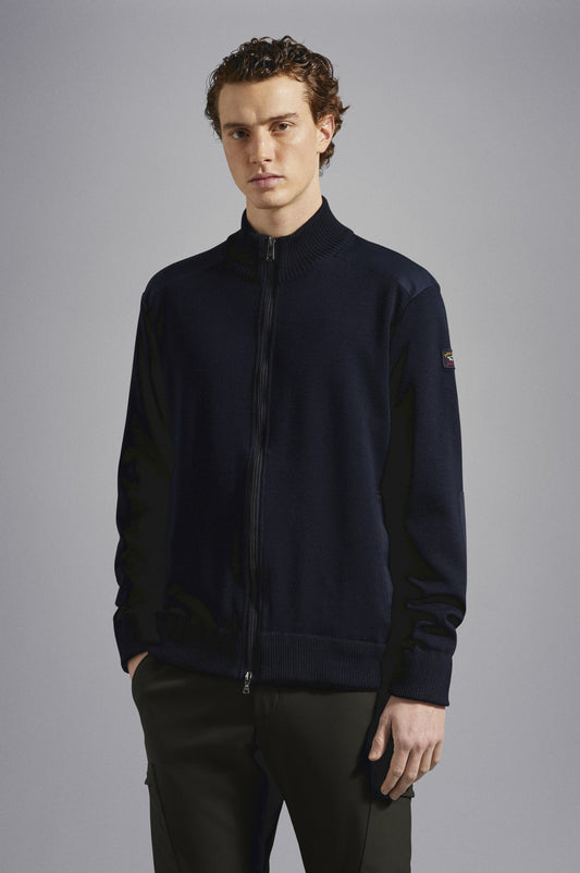 Paul & Shark Wool Full Zip Sweater With Iconic Badge - Dark Blue