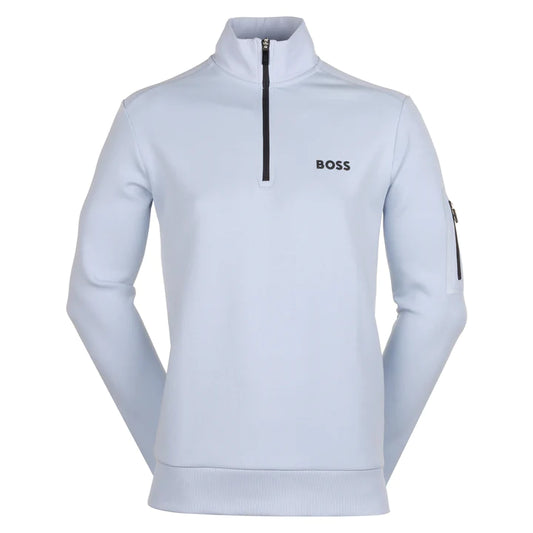Hugo Boss Cotton-blend Zip-neck Sweatshirt With 3d-moulded Logo - Sky