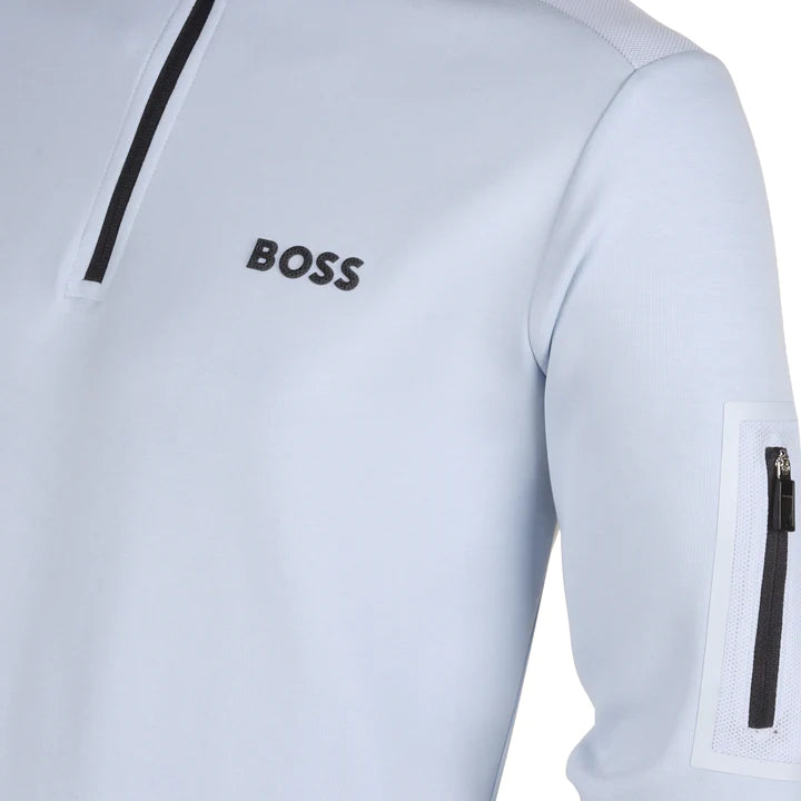 Hugo Boss Cotton blend Zip neck Sweatshirt With 3d moulded Logo Sky