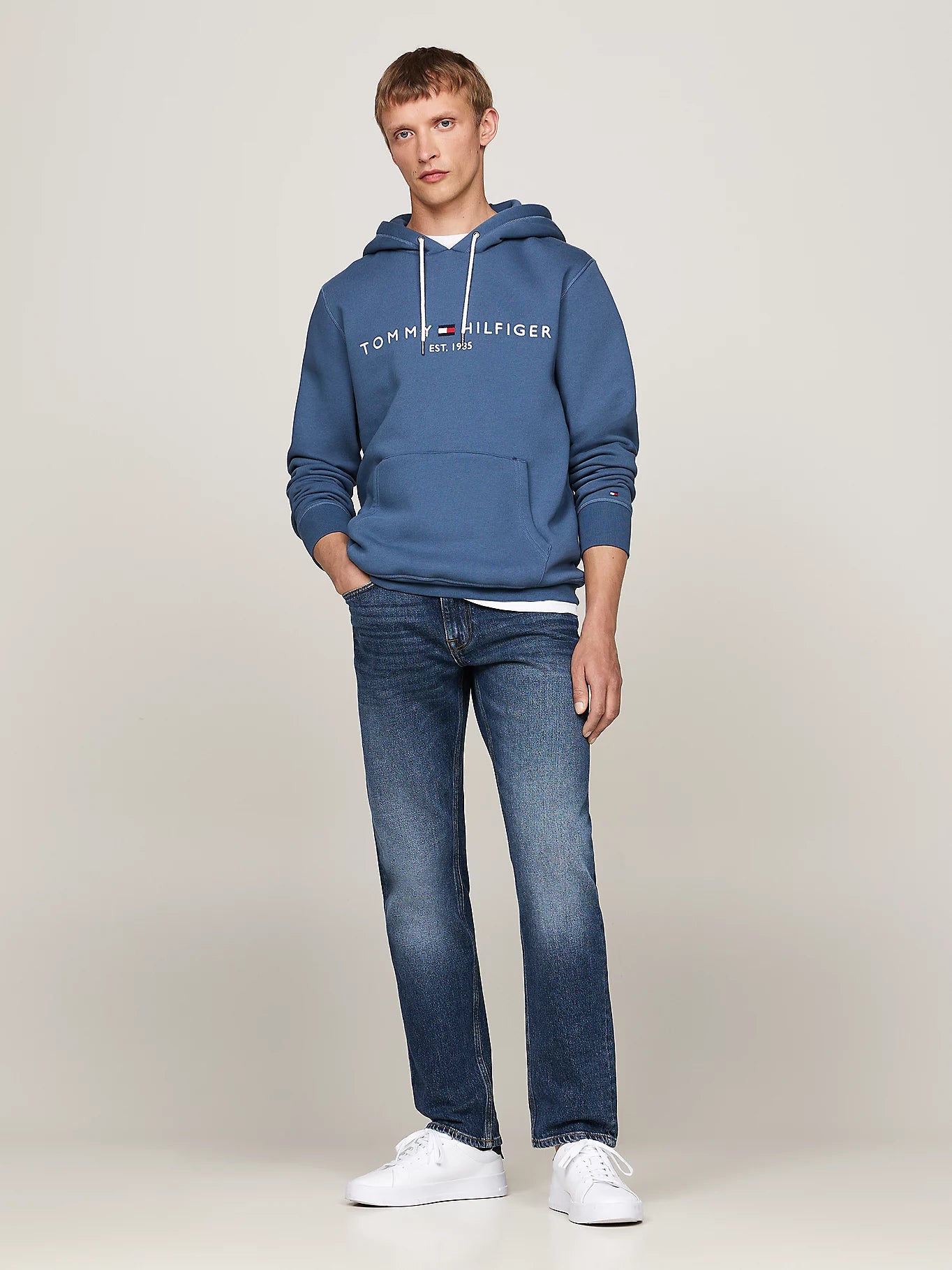 Tommy Hilfiger Drawstring Logo Embroidery Hoody - Sea Blue