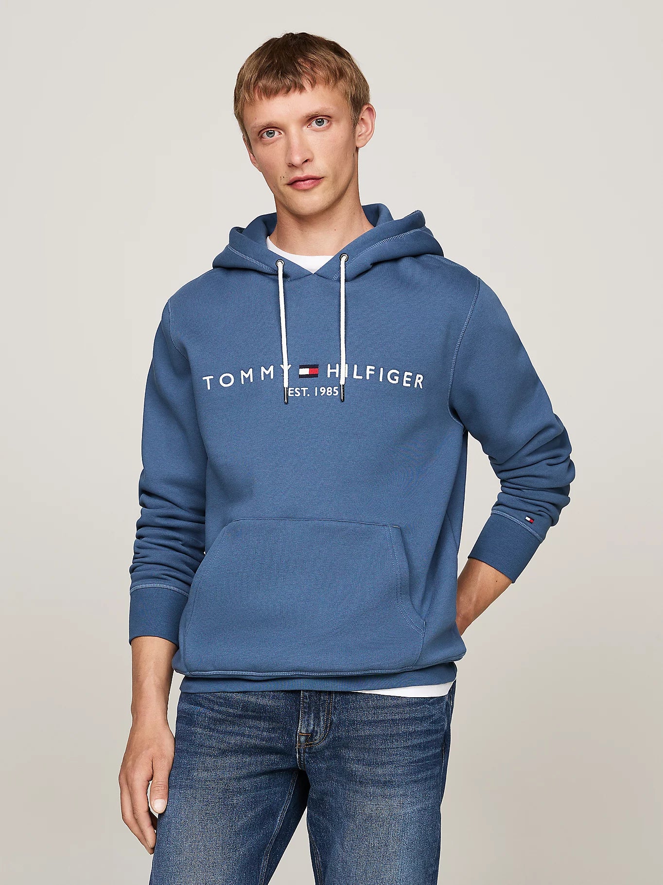 Tommy Hilfiger Drawstring Logo Embroidery Hoody - Sea Blue