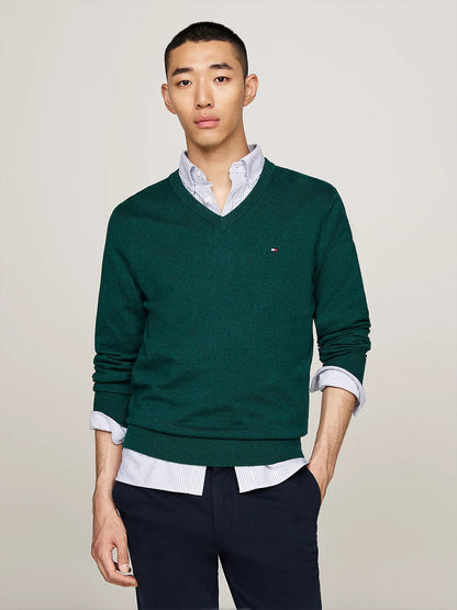 Tommy Hilfiger V-Neck Jumper with Cashmere - Ornamental Green Heather