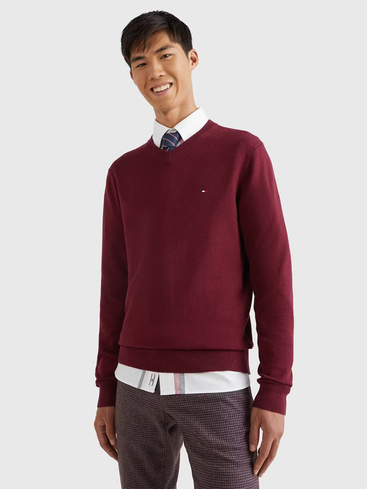 Tommy Hilfiger V-Neck Jumper with Cashmere - Deep Rouge