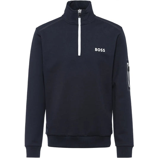 Hugo Boss Cotton-blend Zip-neck Sweatshirt With 3d-moulded Logo - Dark Blue
