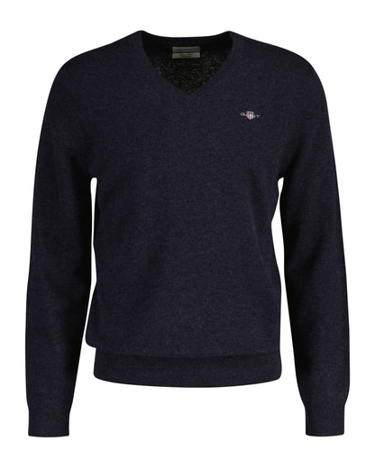 Gant Extrafine Lambswool V-neck Jumper - Dark Navy Melange