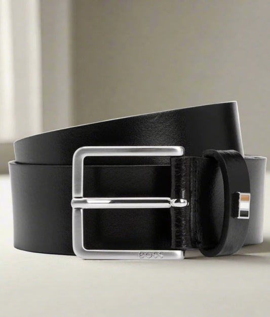 Hugo Boss Italian-leather Belt With Signature-stripe Keeper Trim - Black