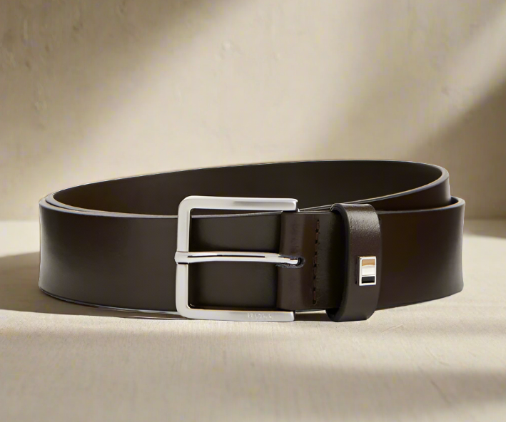 Hugo Boss Italian-leather Belt With Signature-stripe Keeper Trim - Dark Brown