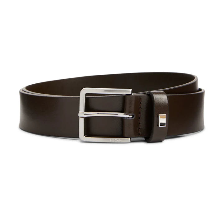Hugo Boss Italian-leather Belt With Signature-stripe Keeper Trim - Dark Brown