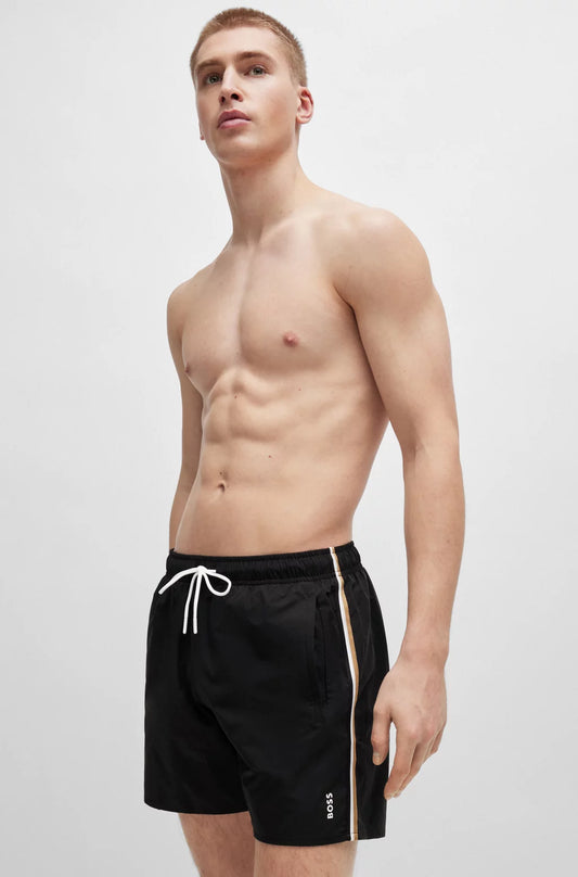Hugo Boss Swim Shorts With Signature Stripe And Logo - Black