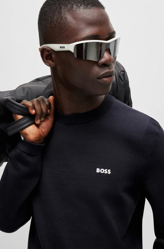 Hugo Boss Cotton-blend Regular-fit Sweater With Logo Print - Dark Blue