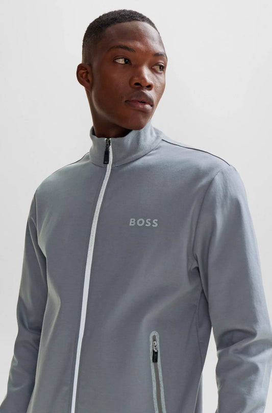 Hugo Boss Cotton-Blend Zip-Up Sweatshirt With Pixelated Details - Medium Grey