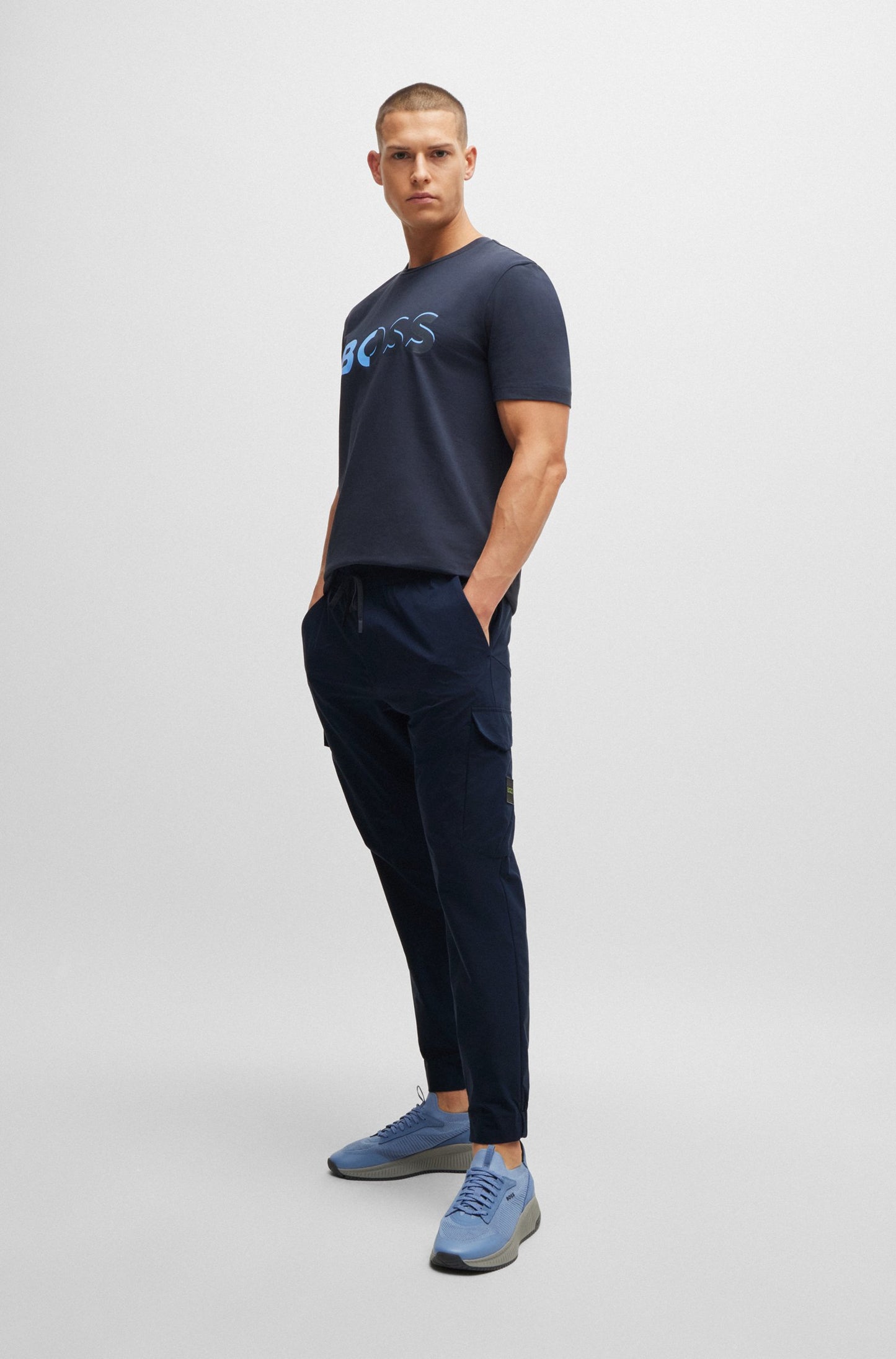 Hugo Boss Tapered-fit Trousers In Easy-iron Stretch Poplin - Dark Blue