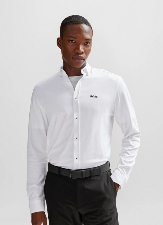 Hugo Boss Button-Down Regular-Fit Shirt In Cotton Piqué Jersey - White