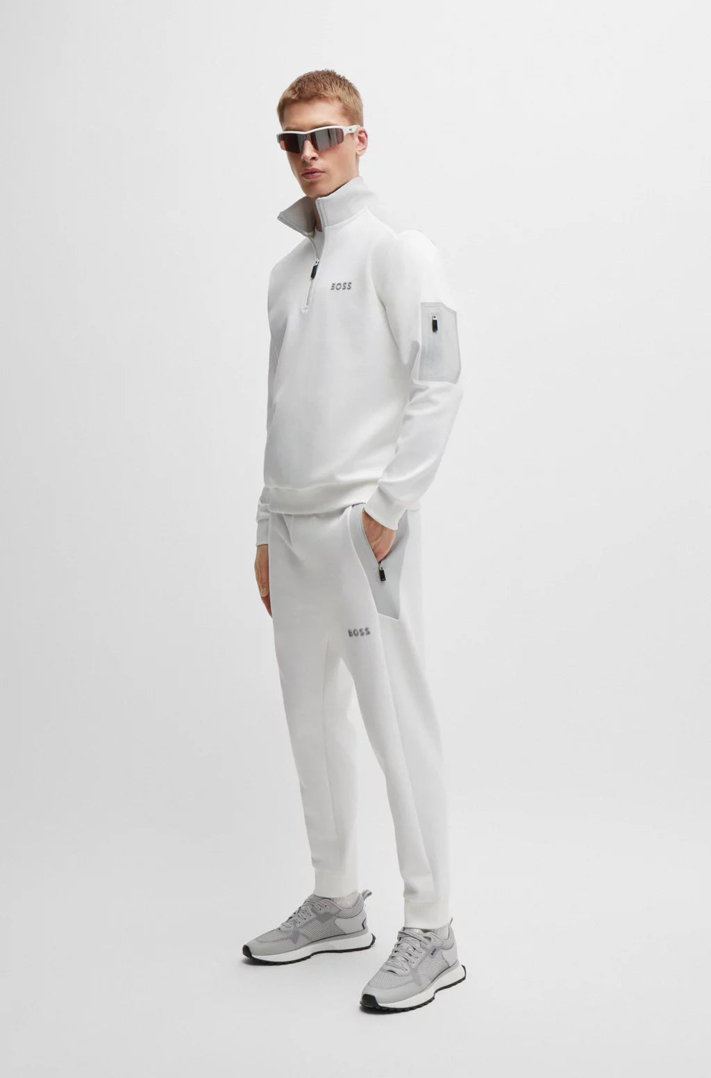 Hugo Boss Cotton-blend Zip-neck Sweatshirt With 3d-moulded Logo - White