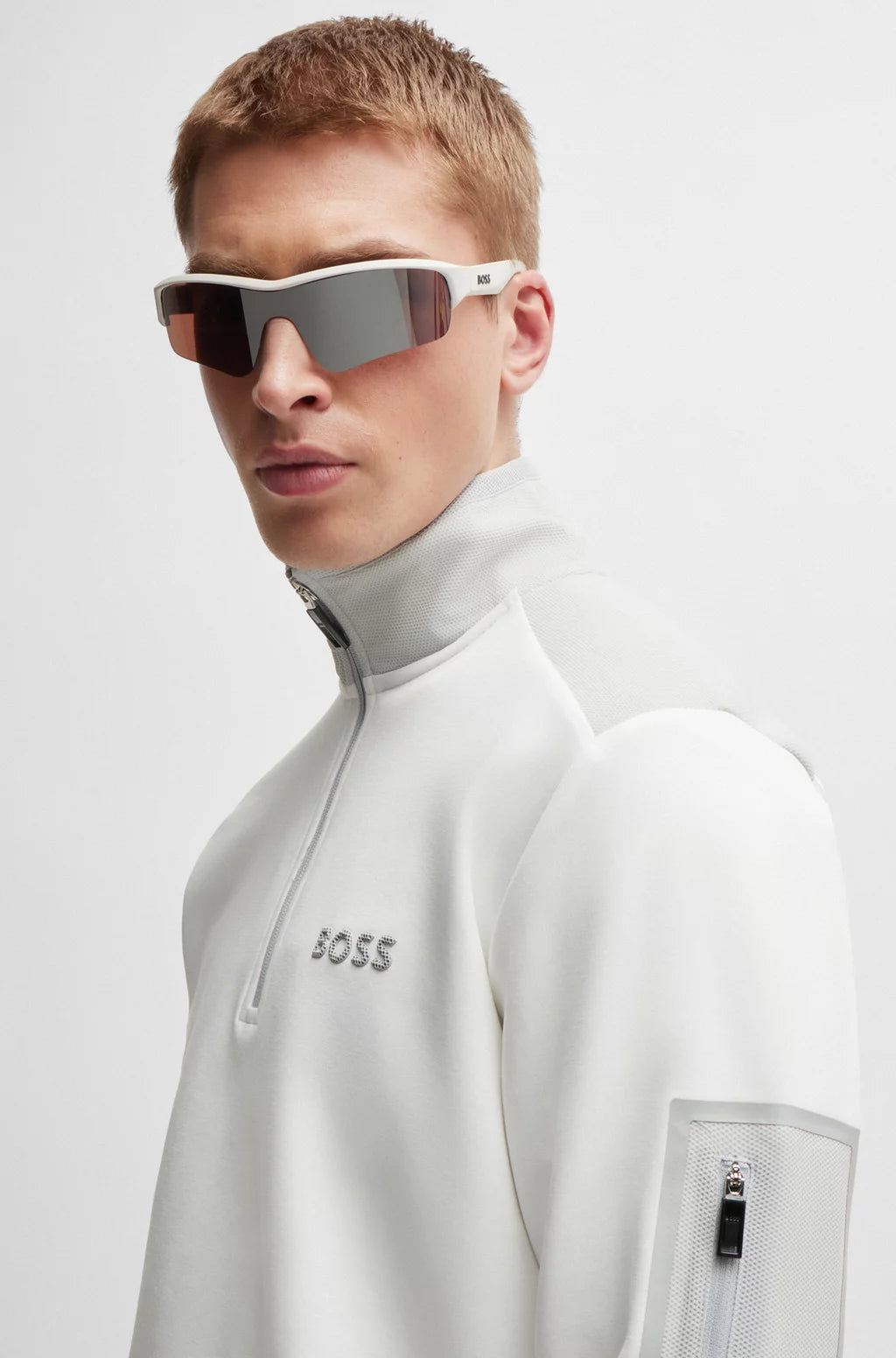 Hugo Boss Cotton-blend Zip-neck Sweatshirt With 3d-moulded Logo - White