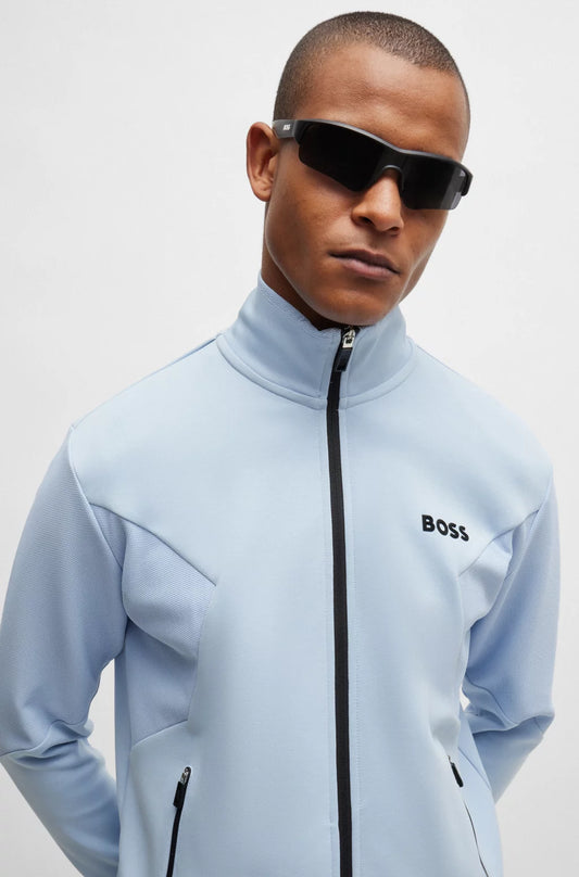 Hugo Boss Cotton-blend Zip-up Sweatshirt With 3d-moulded Logo - Light Blue