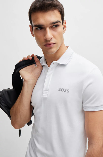 Hugo Boss Interlock-cotton Slim-fit Polo Shirt With Mesh Logo - White