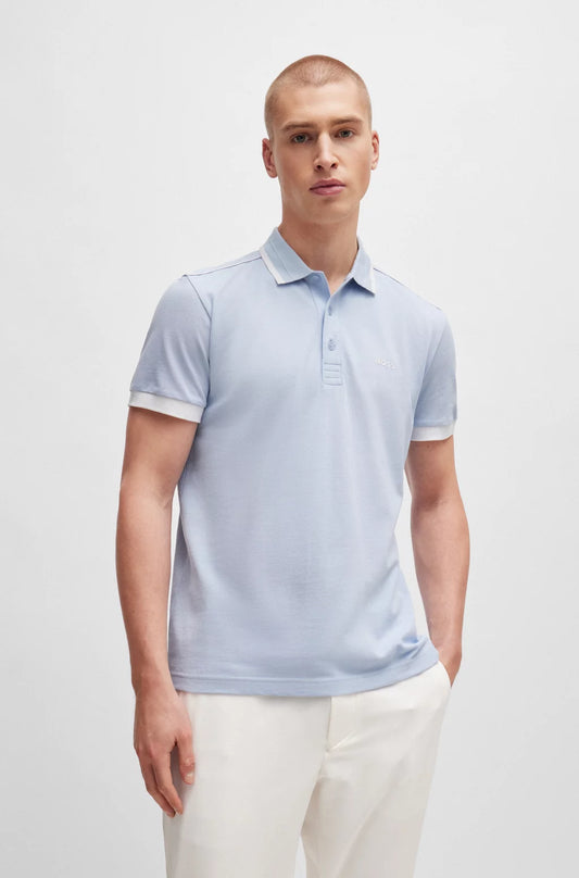 Hugo Boss Cotton-piqué Polo Shirt With Contrast Stripes And Logo - Light Blue