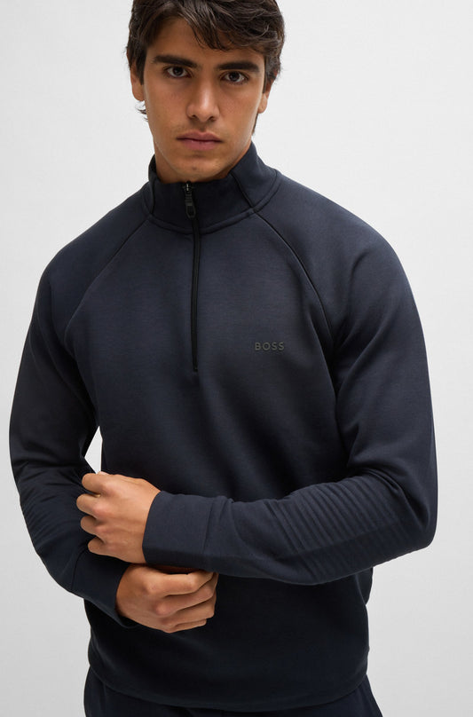 Hugo Boss Stretch-cotton Zip-neck Sweatshirt With Embossed Artwork - Dark Blue