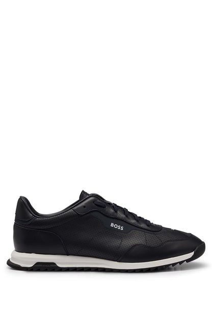 Hugo Boss Low-top Trainers In Perforated Leather - Dark Blue