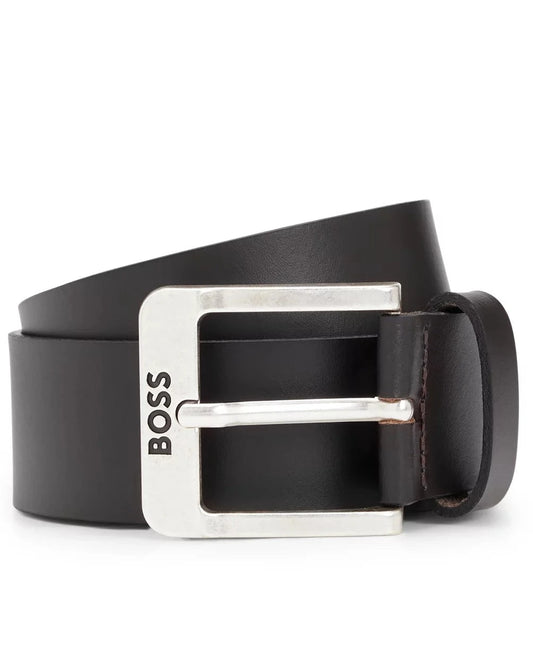 Hugo Boss Buffalo-leather Belt With Logo Buckle In Silver Hardware - Brown