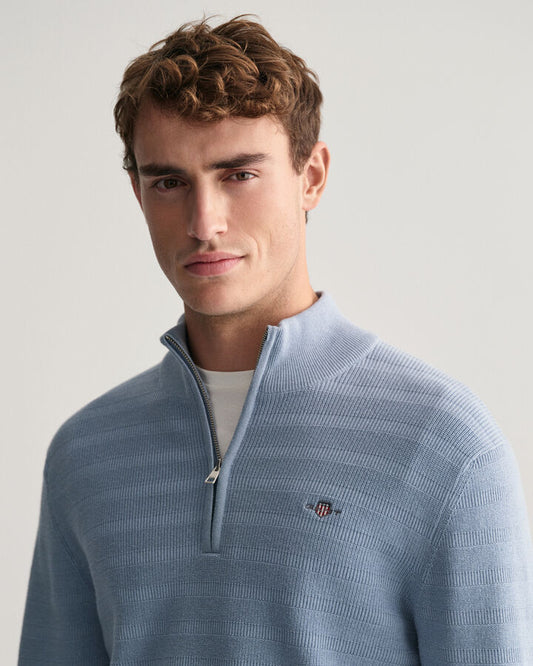 Gant Striped Textured Cotton Half-Zip Sweater - Dove Blue