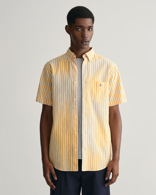 Gant Regular Fit Striped Cotton Linen Short Sleeve Shirt - Medal Yellow