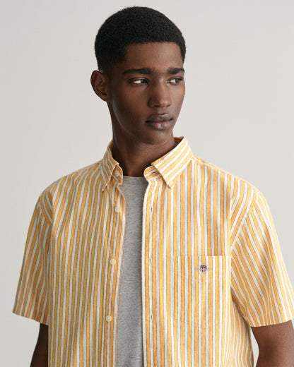 Gant Regular Fit Striped Cotton Linen Short Sleeve Shirt - Medal Yellow