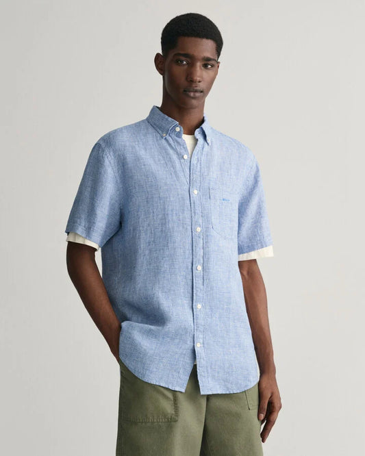 Gant Regular Fit Houndstooth Linen Short Sleeve Shirt - Rich Blue