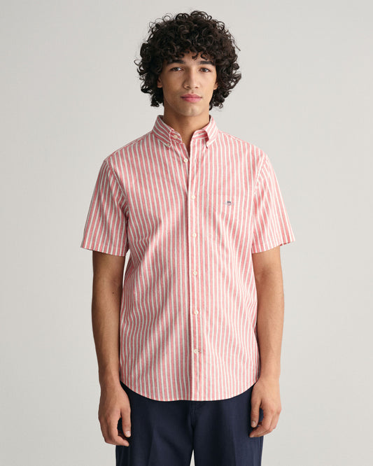 Gant Regular Fit Striped Cotton Linen Short Sleeve Shirt - Sunset Pink
