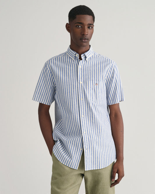 Gant Regular Fit Striped Cotton Linen Short Sleeve Shirt - Rich Blue