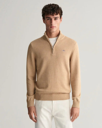 Gant Casual Cotton Half-Zip Sweater - Khaki Melange