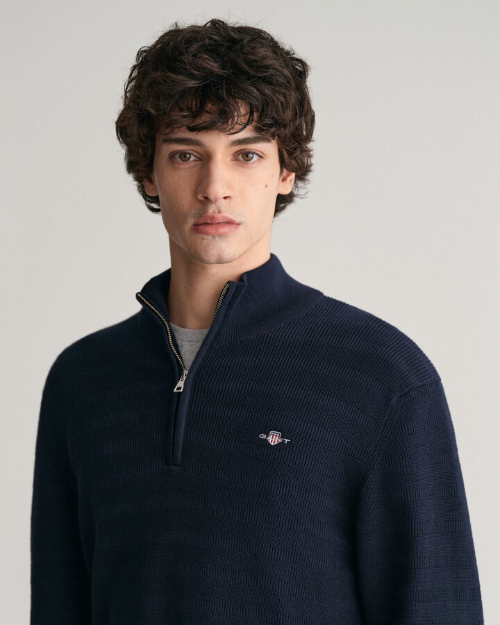 Gant Striped Textured Cotton Half-Zip Sweater - Evening Blue