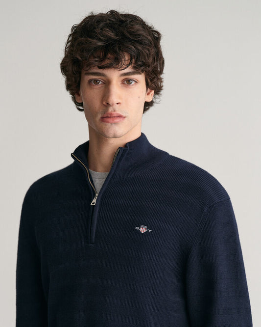 Gant Striped Textured Cotton Half-Zip Sweater - Evening Blue