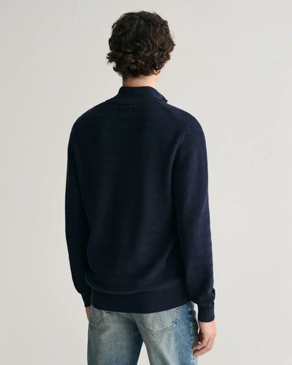 Gant Striped Textured Cotton Half-Zip Sweater - Evening Blue