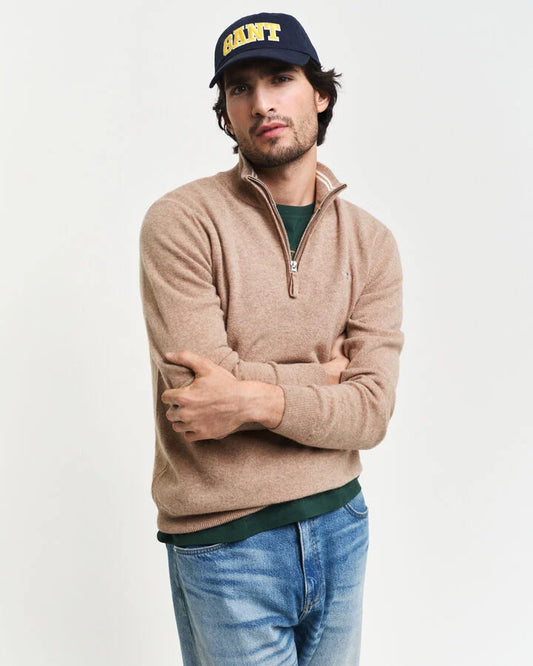 Gant Superfine Lambswool Half-Zip Sweater - Dk Sand Melange