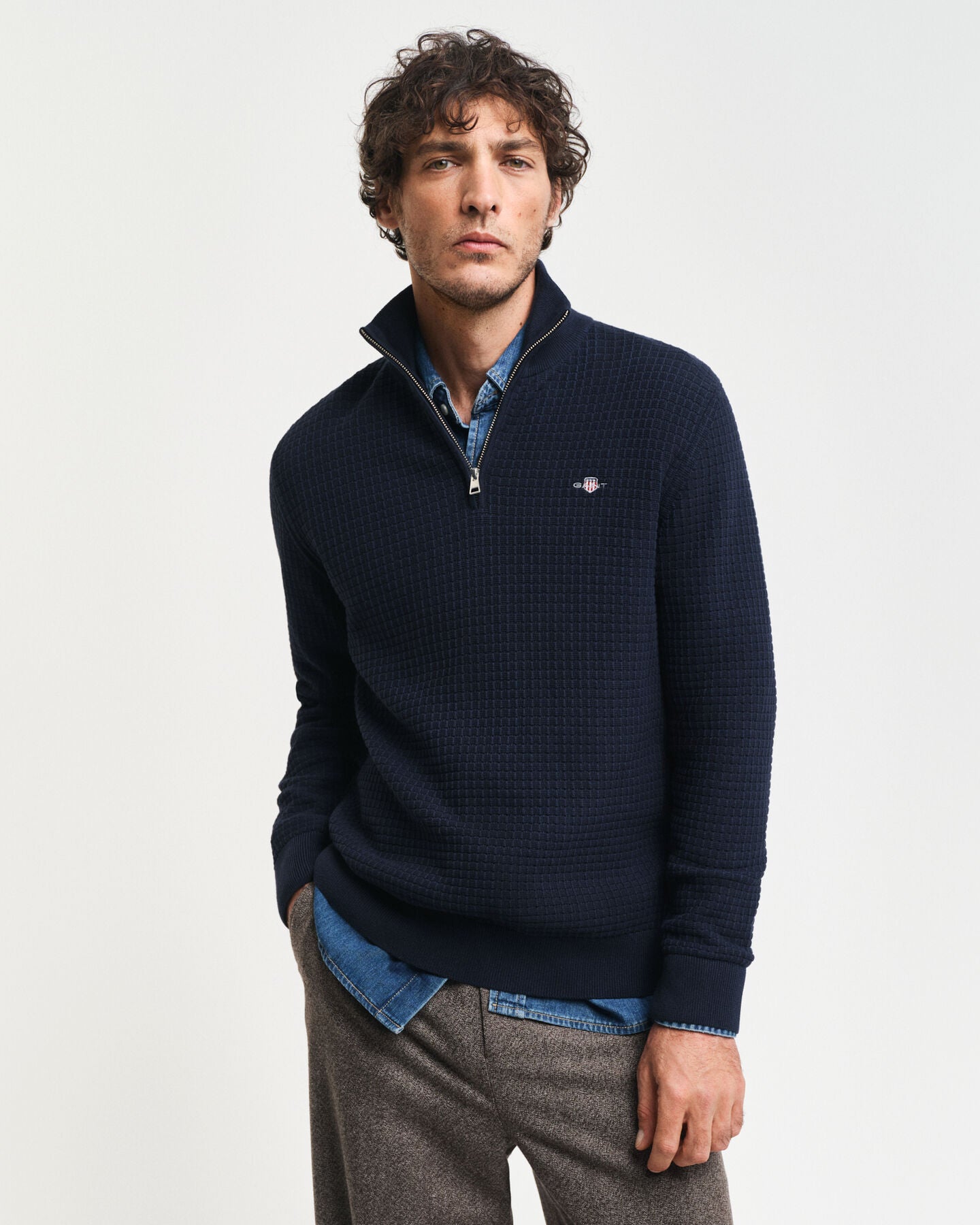 Gant Textured Cotton Half-Zip Sweater - Evening Blue