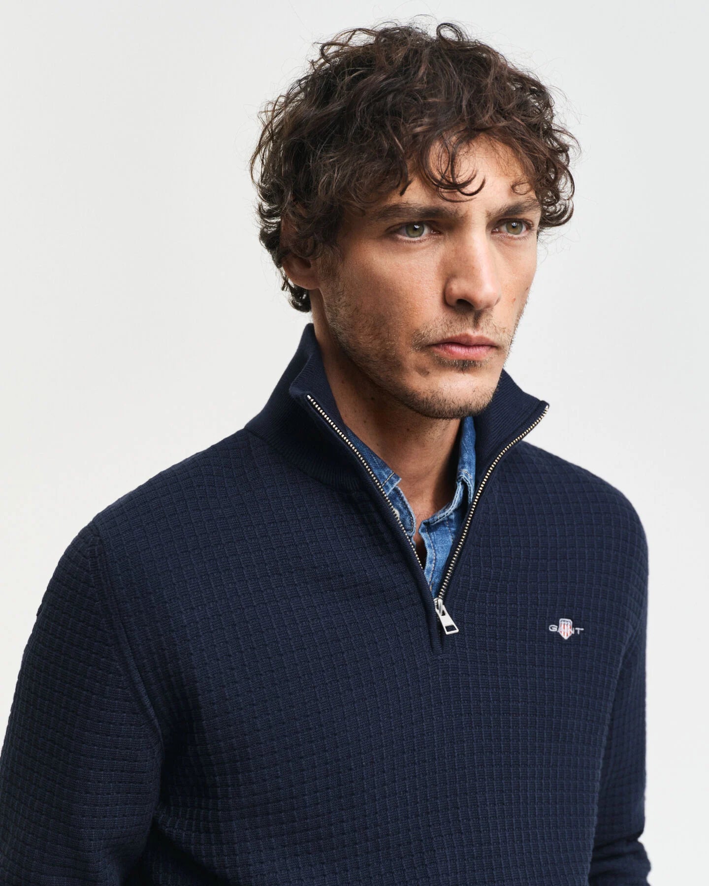 Gant Textured Cotton Half-Zip Sweater - Evening Blue