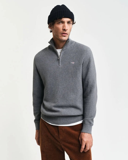 Gant Textured Cotton Half-Zip Sweater - Dark Grey Melange