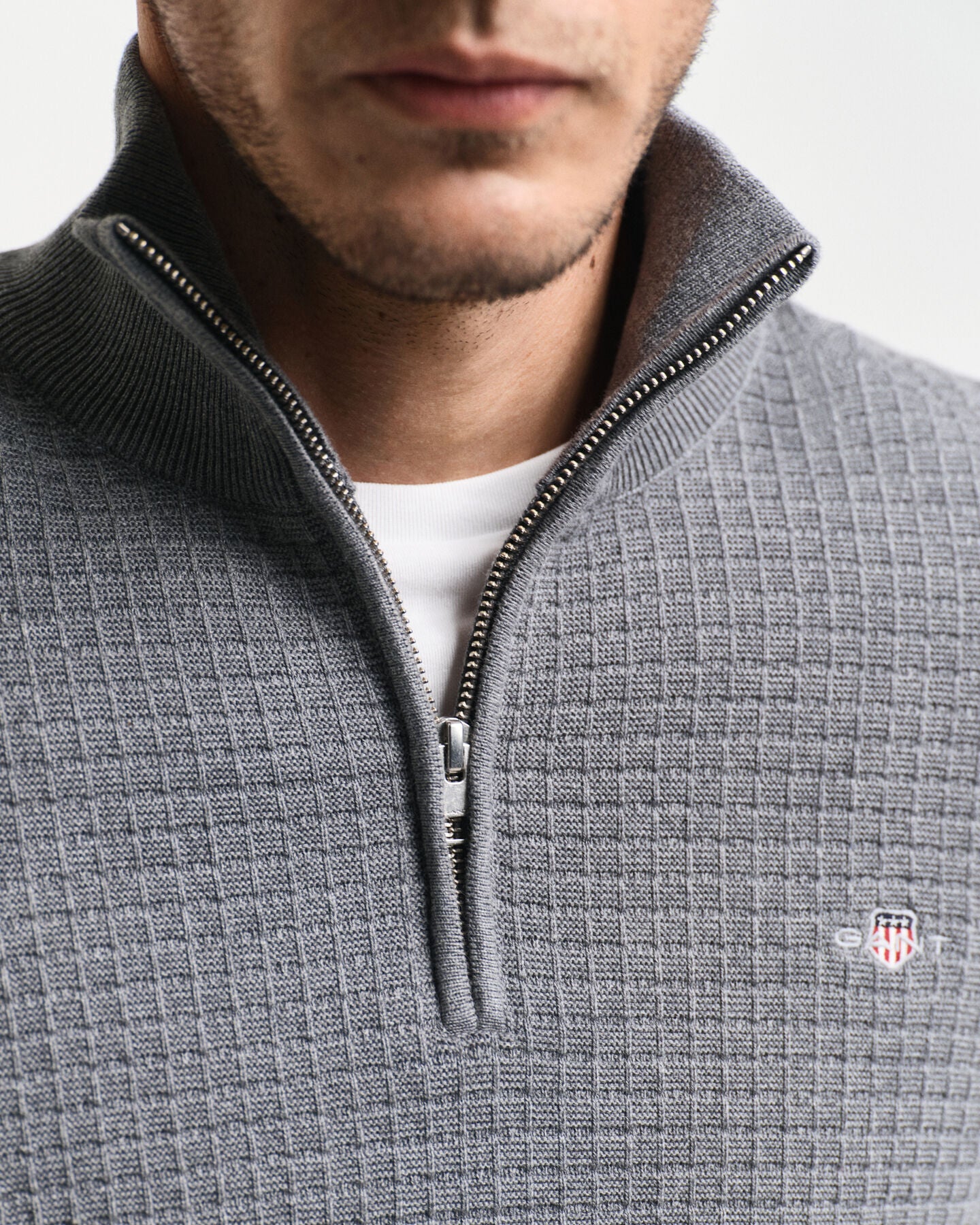 Gant Textured Cotton Half-Zip Sweater - Dark Grey Melange